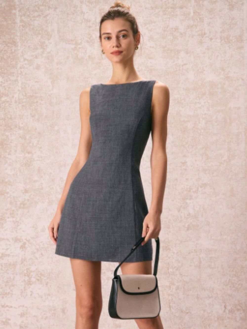 NEW RIHOAS The Grey Boat Neck Open V-Back Sleeveless Mini Dress Size XS